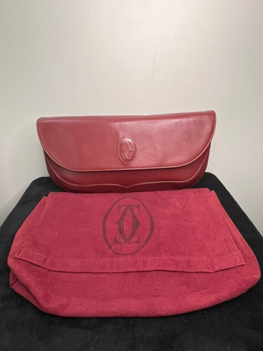 Cartier Must de Cartier Bordeaux Leather Vintage Clutch Bag COA Dust Bag